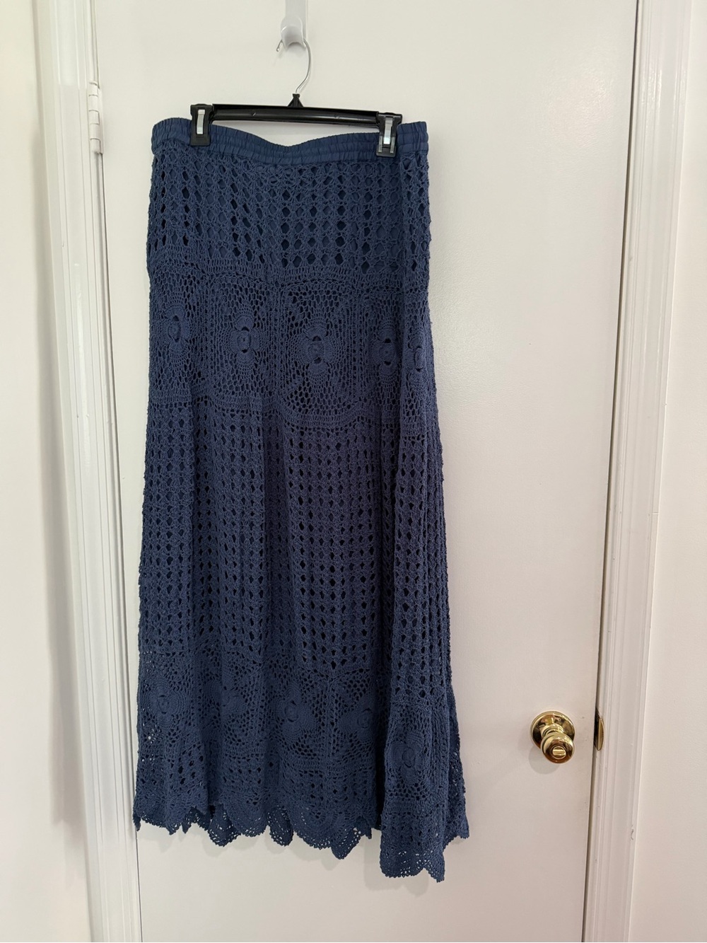 NorthStyle XL Navy Crochet Boho Maxi Skirt Drawstring Lined Cottagecore Coastal - Picture 3 of 6